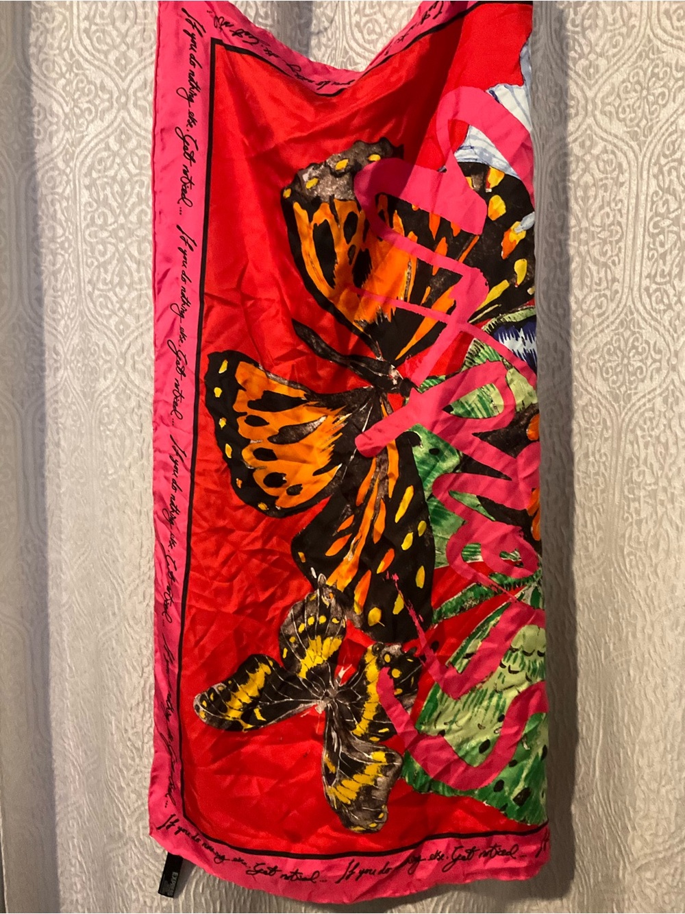 Express Red Butterfly Print Silk Scarf with Pink Accents